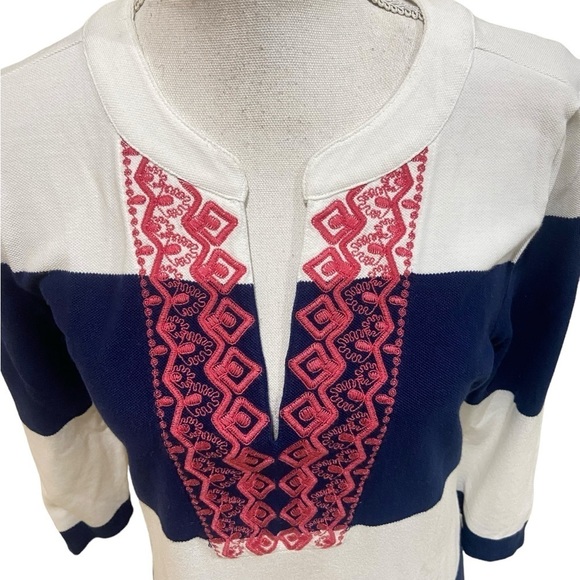 Talbots cotton navy/white stripe pink embroidery neckline 3/3 sleeve size small - Picture 4 of 11